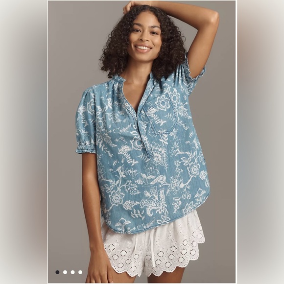 Pilcro/Anthropologie The Aly Puff Sleeve Blouse in Denim Light Size S. NWT